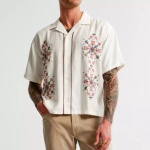 Abercrombie and Fitch Camp Collar Linen Blend Embroidered Shirt